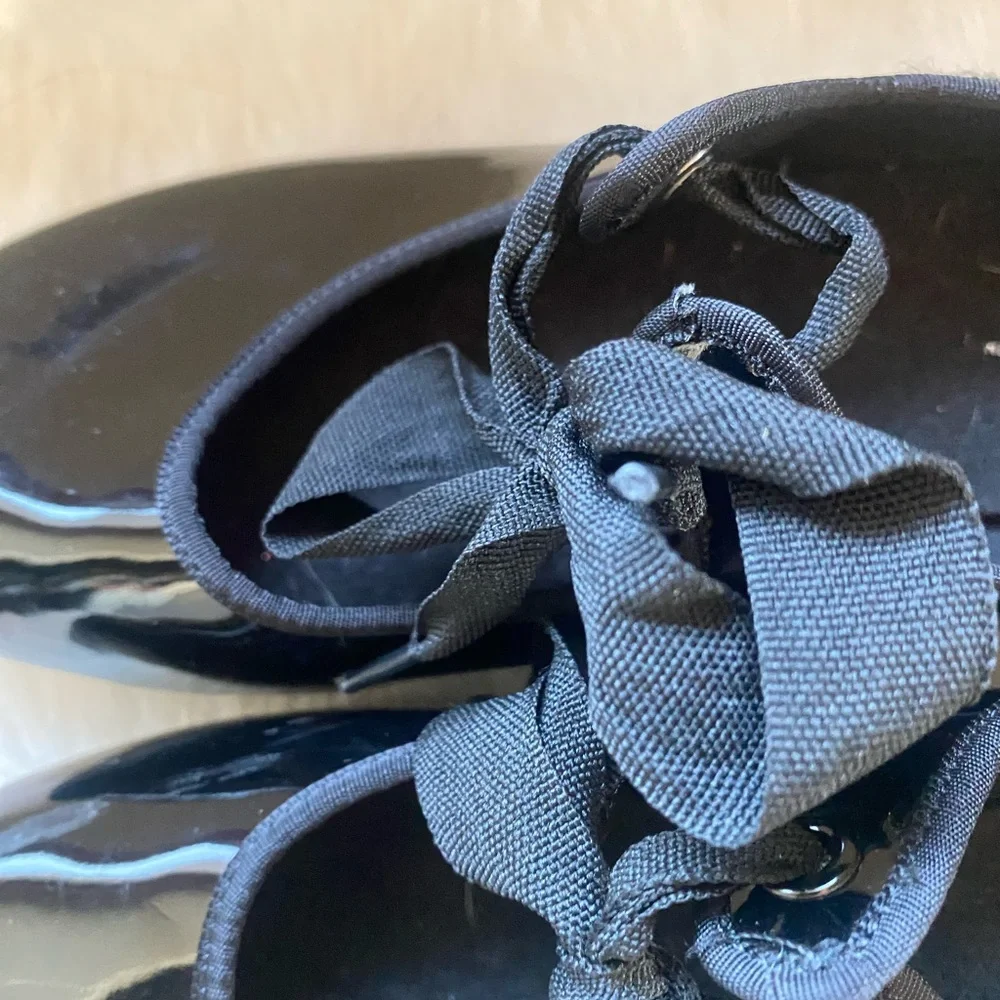 Girls Black Patent Ballet Shoes with Satin Bow